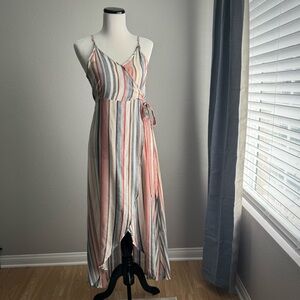Multi-Striped Lightweight Faux Wrap Dress with Tie Waist